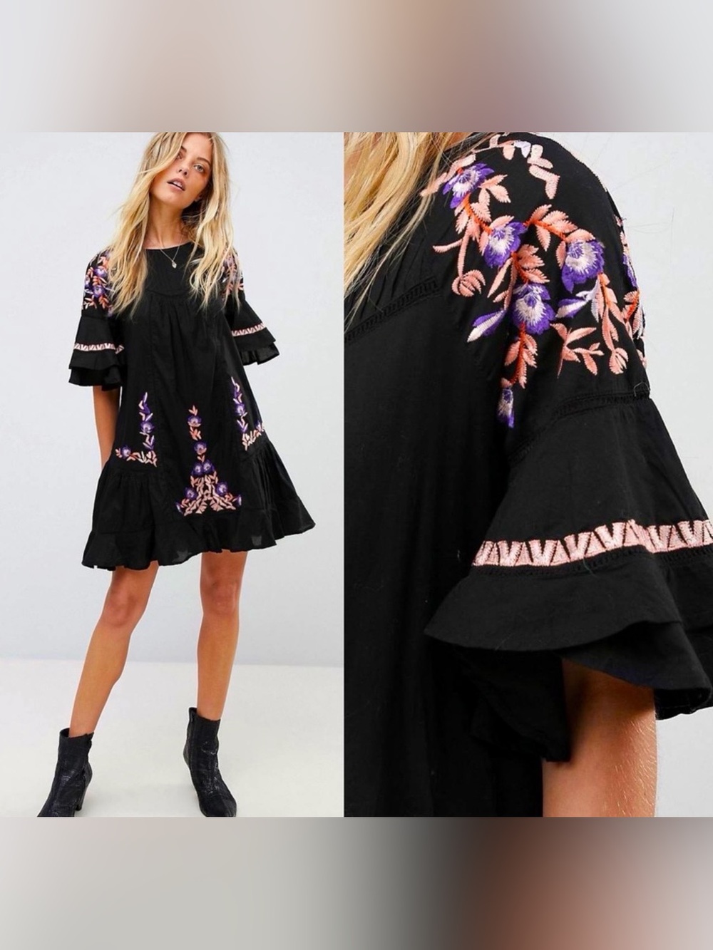 Free People Dress Medium Black Pavlo Emroidered Smock Short Sleeve A-Line Boho
